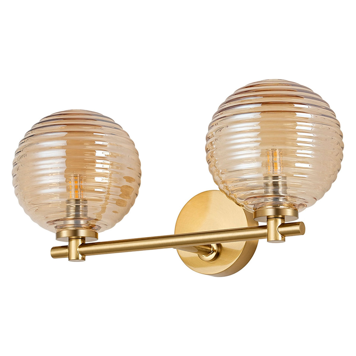 Tenterden Short Twin Arm IP44 Wall Light in Brass Gold with Ribbed Round Amber Glass Diffusers