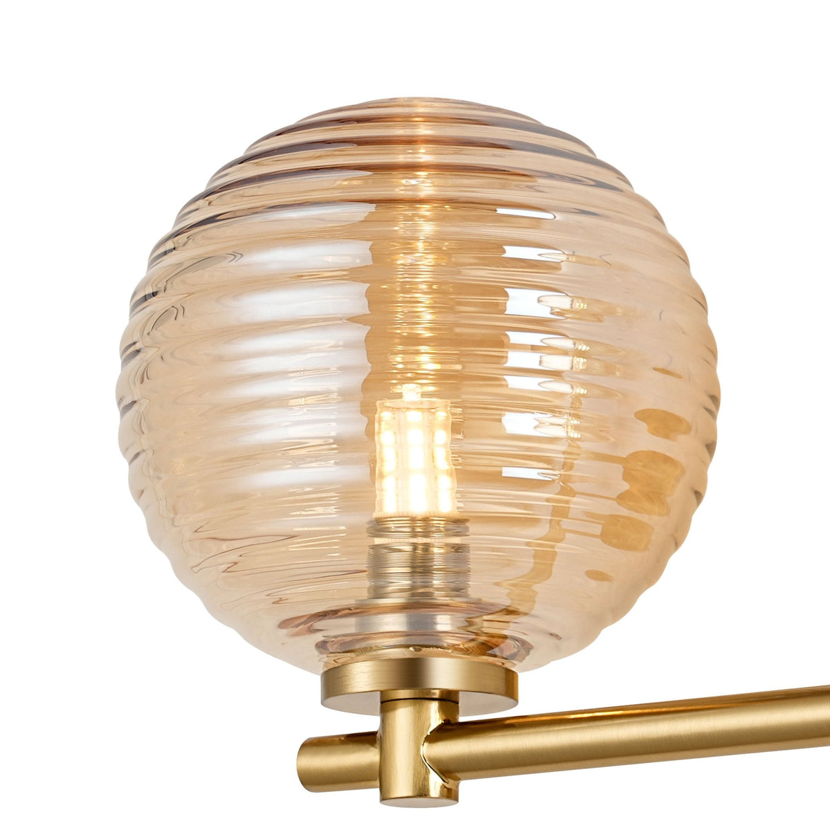Tenterden Short Twin Arm IP44 Wall Light in Brass Gold with Ribbed Round Amber Glass Diffusers