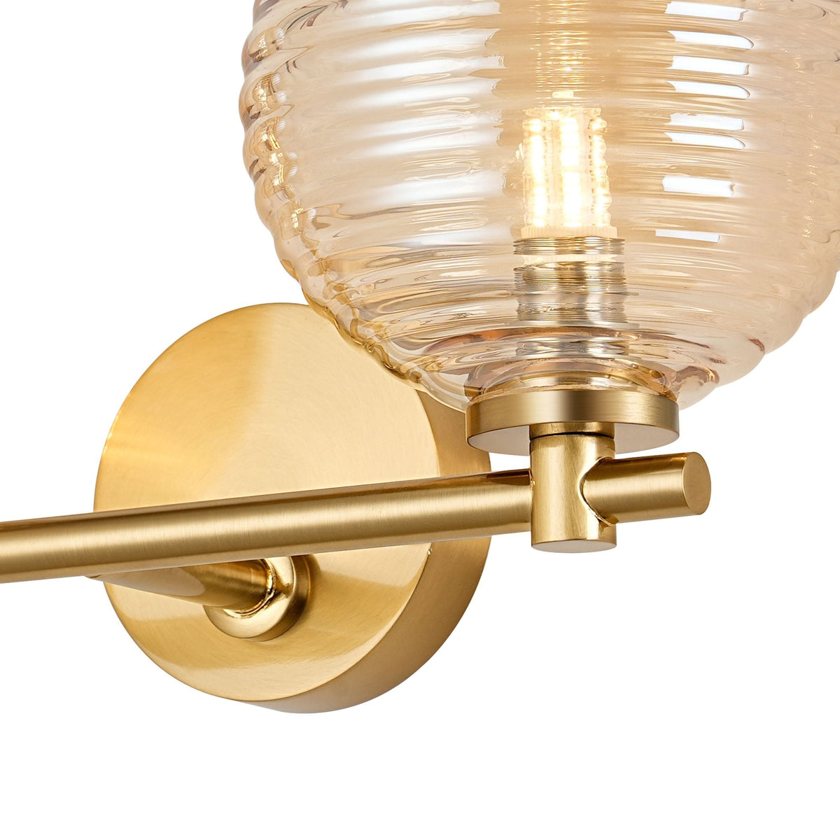 Tenterden Short Twin Arm IP44 Wall Light in Brass Gold with Ribbed Round Amber Glass Diffusers