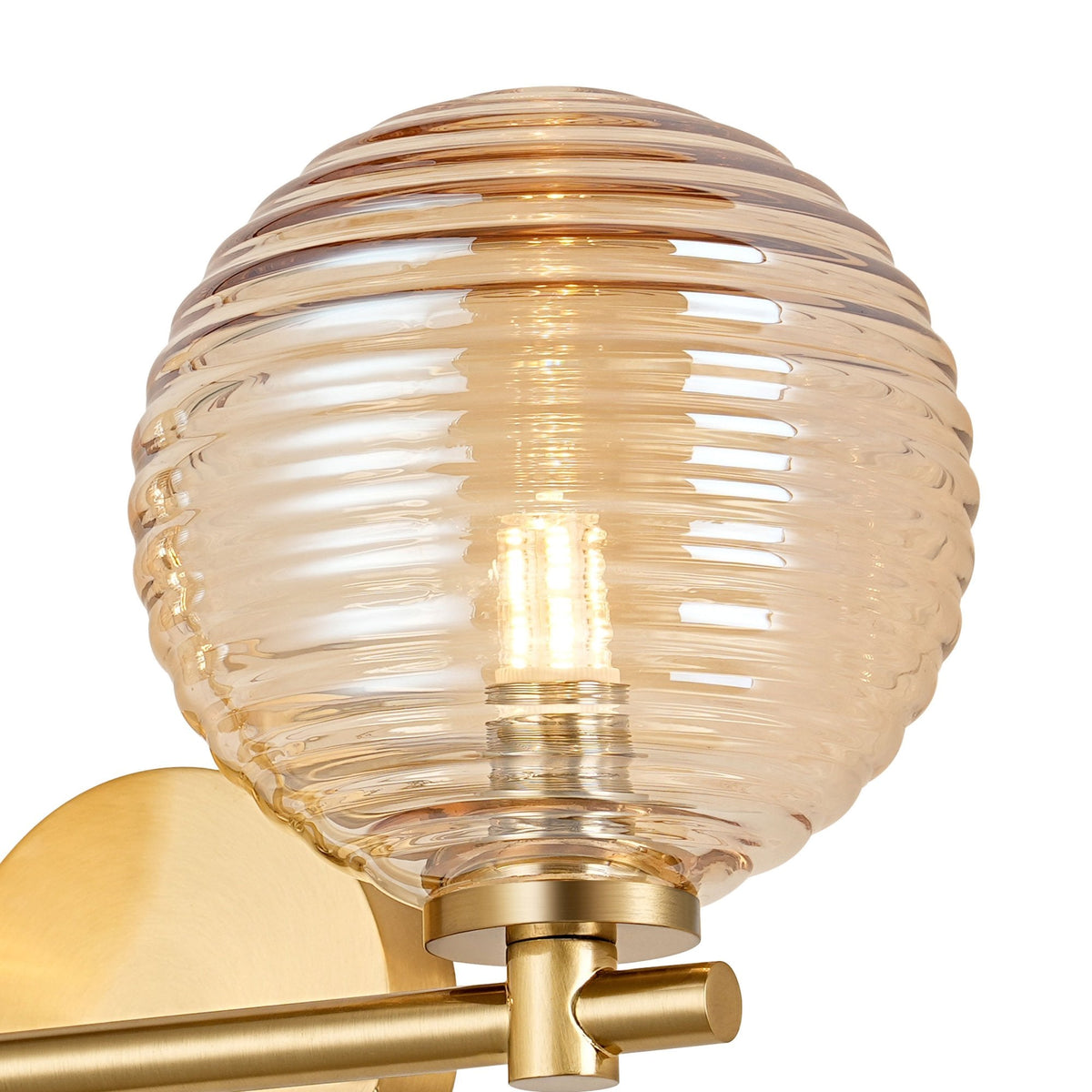 Tenterden Short Twin Arm IP44 Wall Light in Brass Gold with Ribbed Round Amber Glass Diffusers