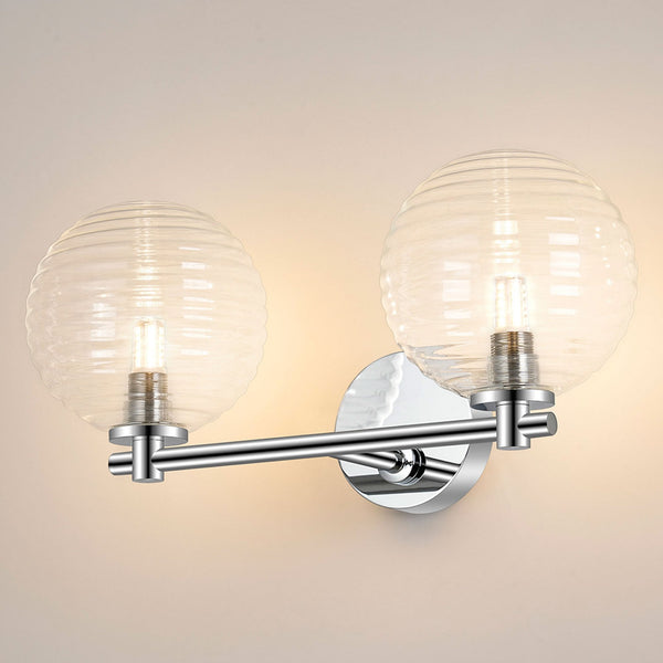 Tenterden Short Twin Arm IP44 Wall Light in Chrome with Ribbed Round Clear Glass Diffusers