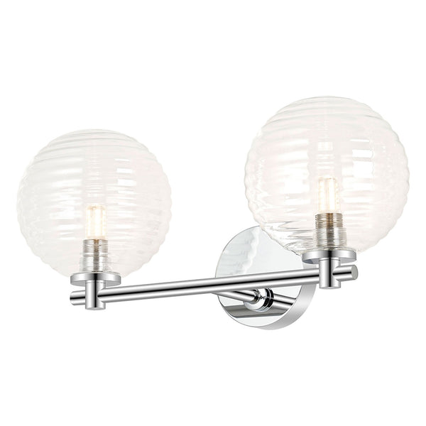 Tenterden Short Twin Arm IP44 Wall Light in Chrome with Ribbed Round Clear Glass Diffusers