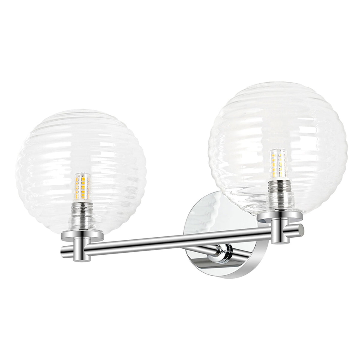 Tenterden Short Twin Arm IP44 Wall Light in Chrome with Ribbed Round Clear Glass Diffusers