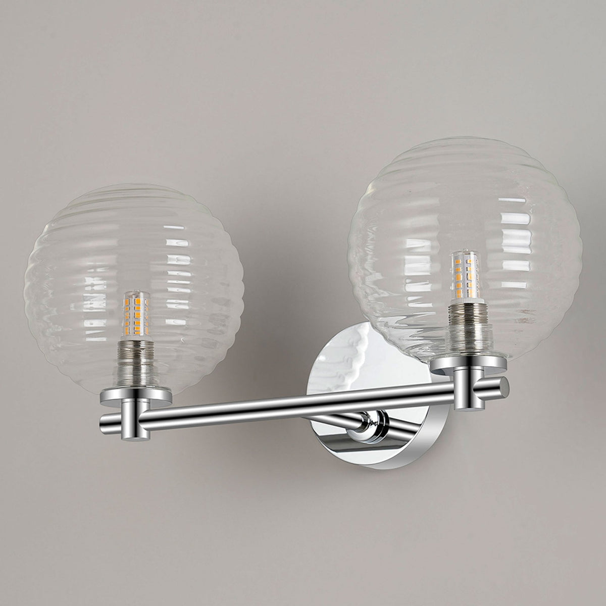 Tenterden Short Twin Arm IP44 Wall Light in Chrome with Ribbed Round Clear Glass Diffusers