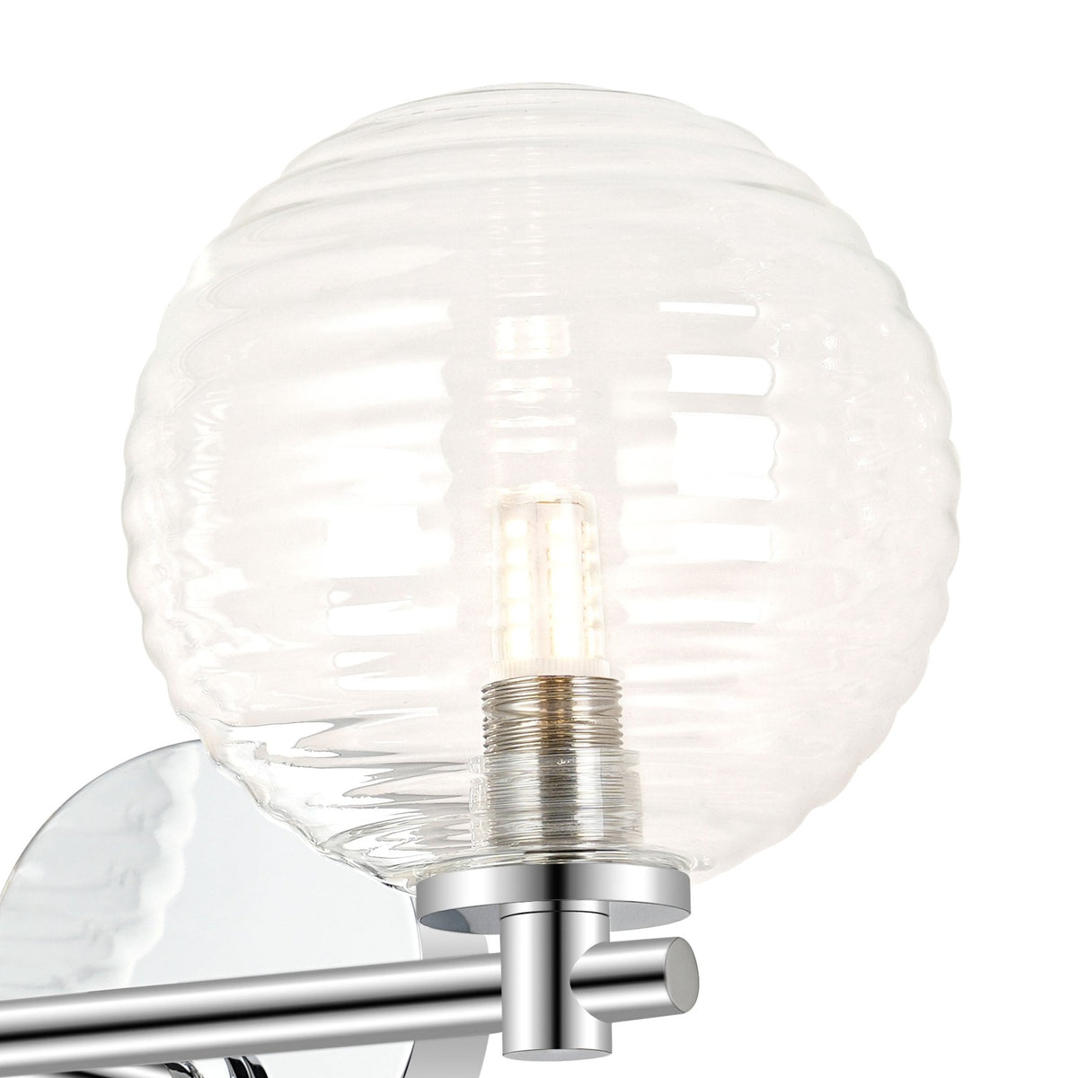 Tenterden Short Twin Arm IP44 Wall Light in Chrome with Ribbed Round Clear Glass Diffusers