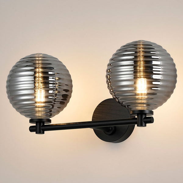 Tenterden Short Twin Arm IP44 Wall Light in Satin Black with Ribbed Round Smoke Glass Diffusers
