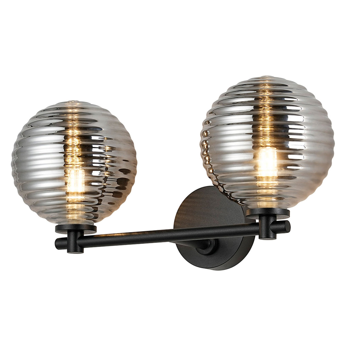 Tenterden Short Twin Arm IP44 Wall Light in Satin Black with Ribbed Round Smoke Glass Diffusers