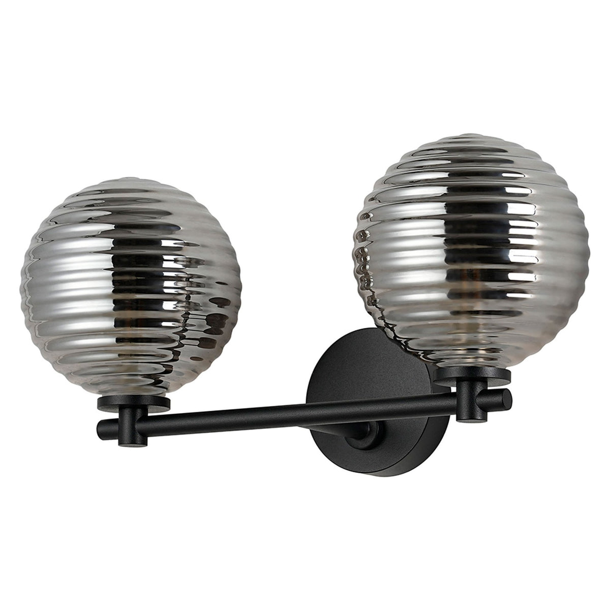 Tenterden Short Twin Arm IP44 Wall Light in Satin Black with Ribbed Round Smoke Glass Diffusers