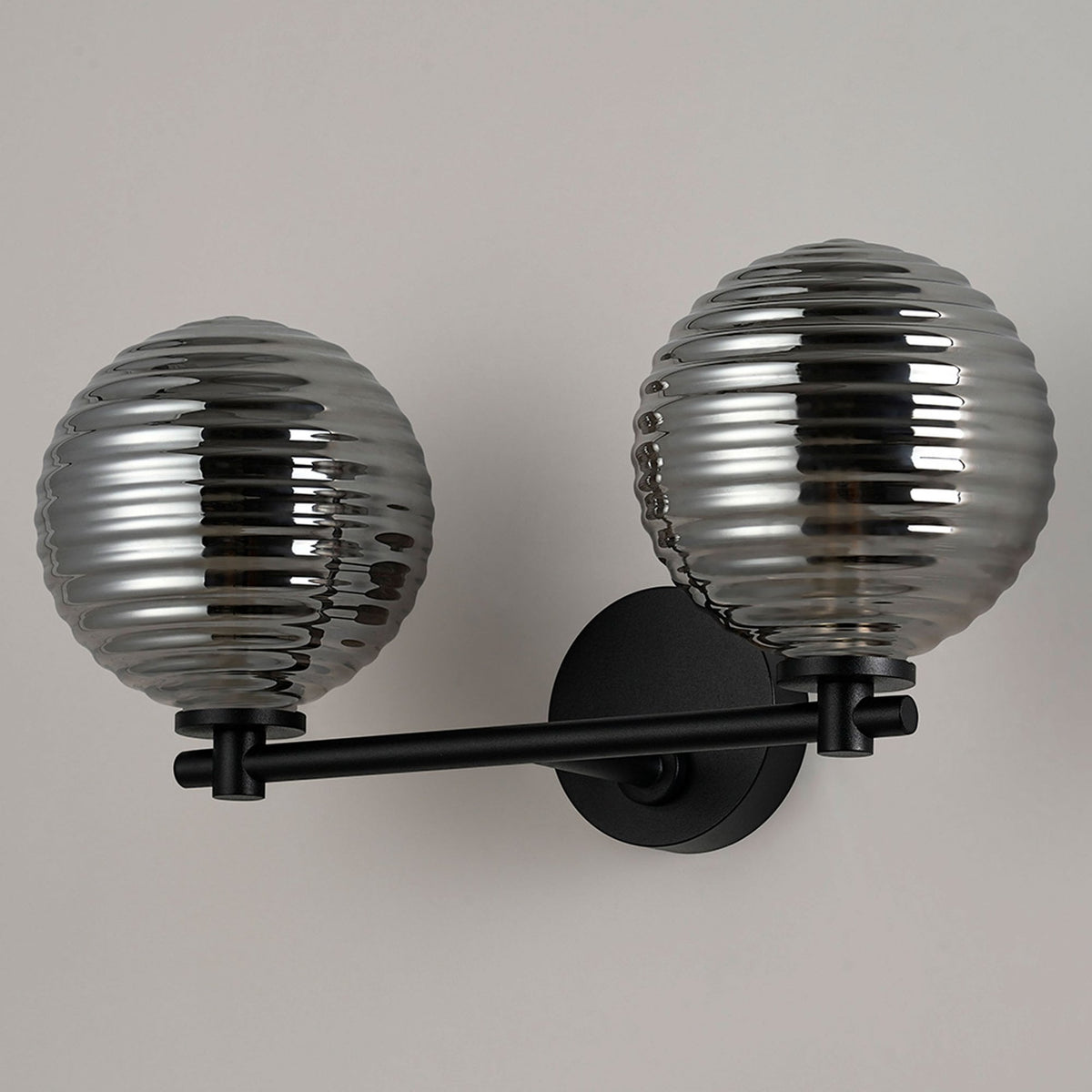 Tenterden Short Twin Arm IP44 Wall Light in Satin Black with Ribbed Round Smoke Glass Diffusers