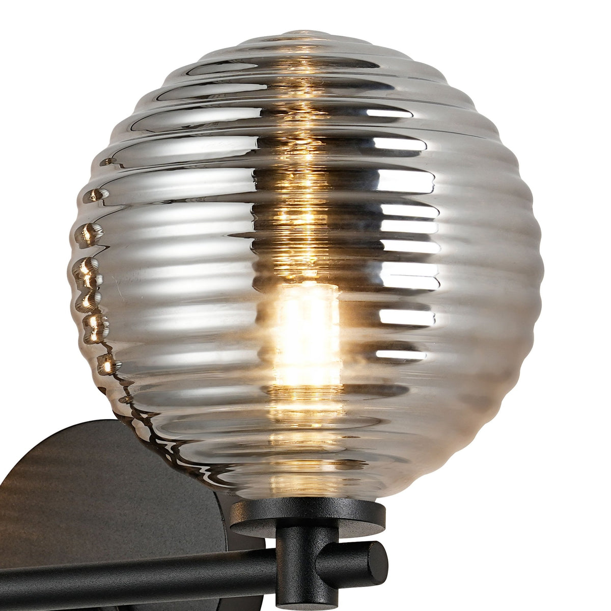 Tenterden Short Twin Arm IP44 Wall Light in Satin Black with Ribbed Round Smoke Glass Diffusers