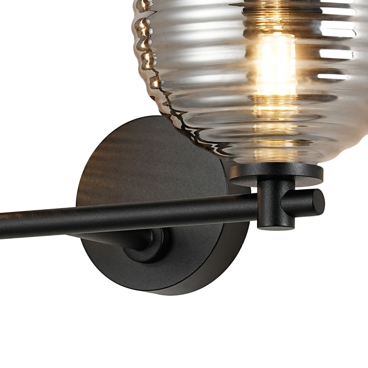 Tenterden Short Twin Arm IP44 Wall Light in Satin Black with Ribbed Round Smoke Glass Diffusers