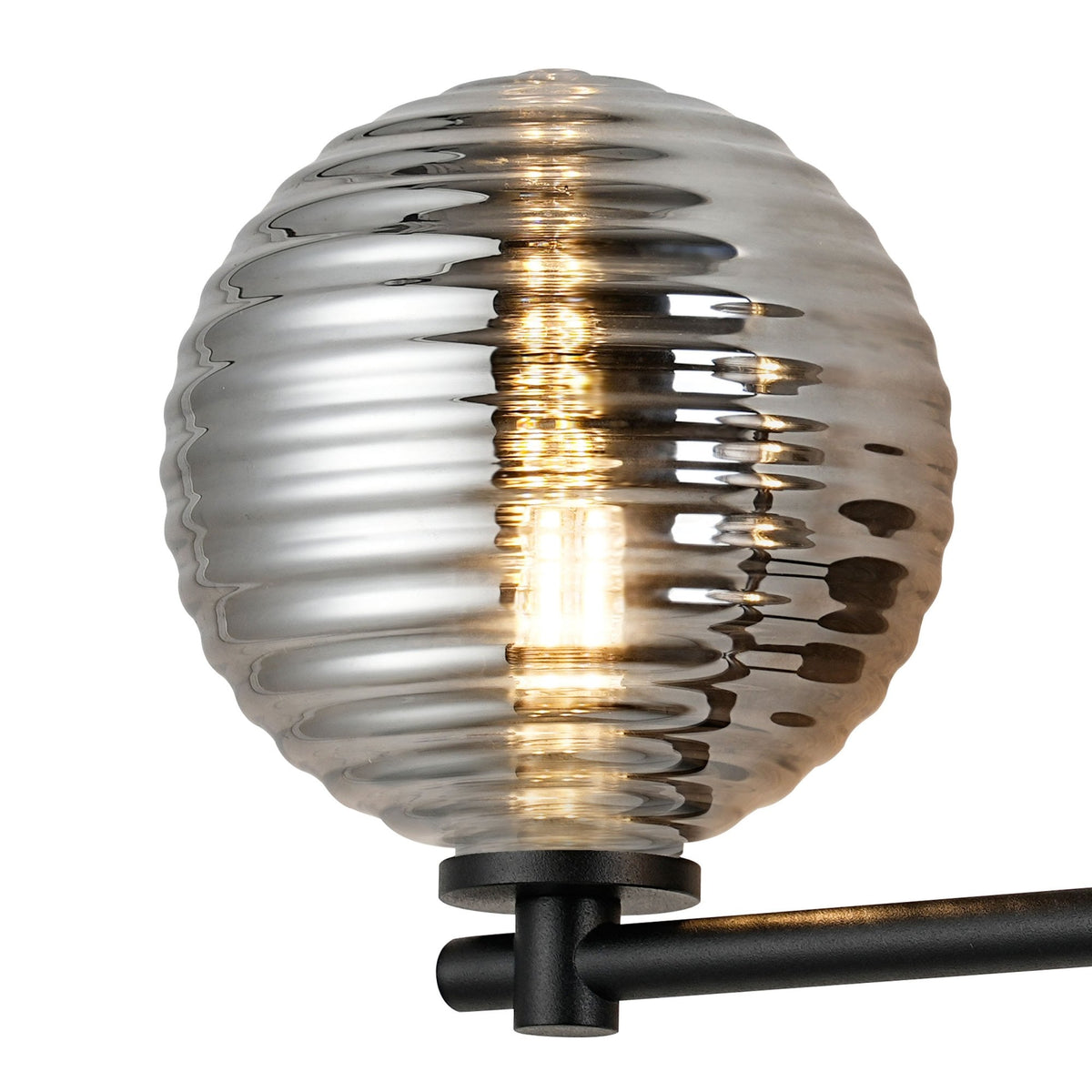 Tenterden Short Twin Arm IP44 Wall Light in Satin Black with Ribbed Round Smoke Glass Diffusers