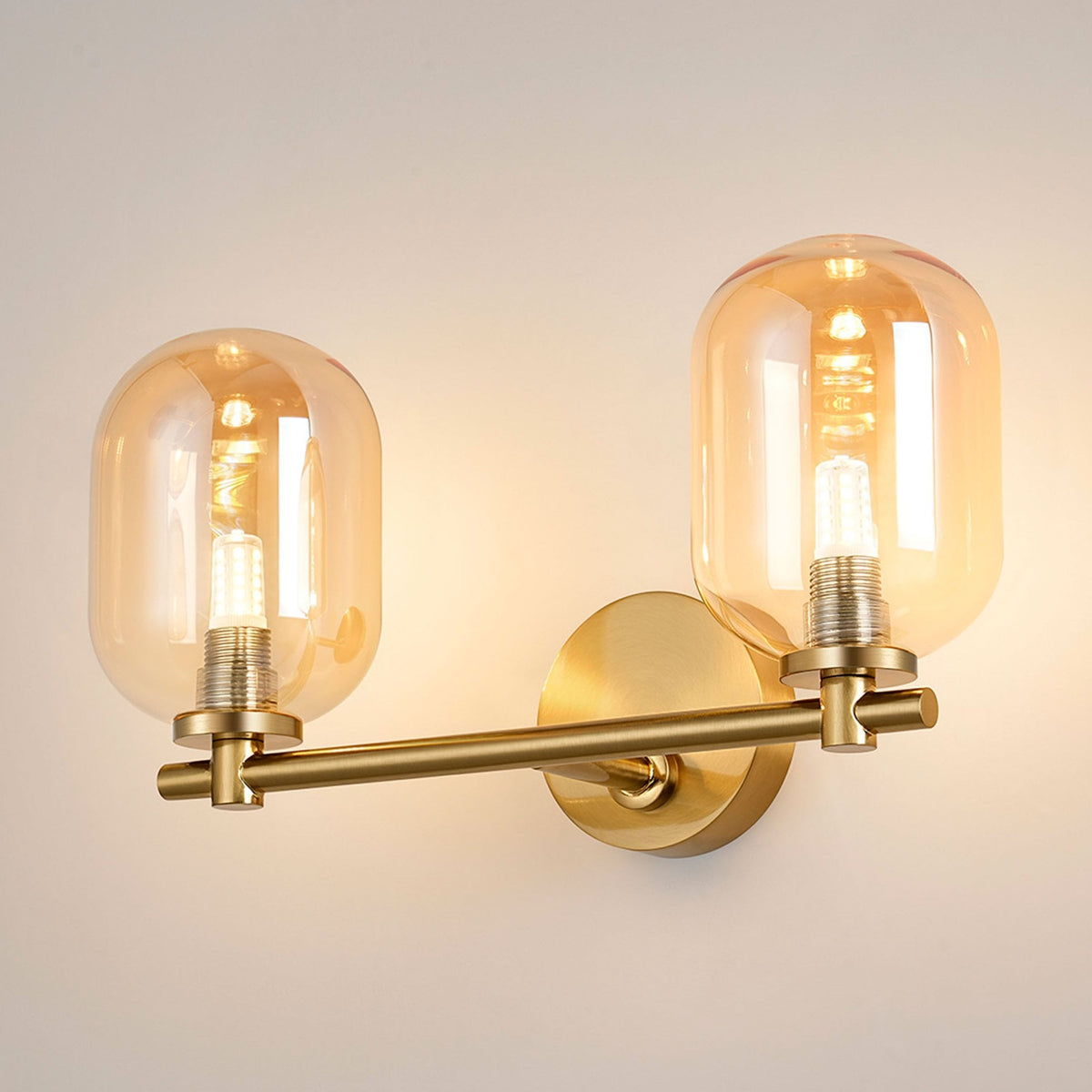 Tenterden Short Twin Arm IP44 Wall Light in Brass Gold with Smooth Tubular Amber Glass Diffusers