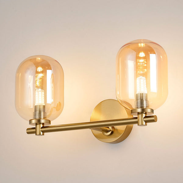 Tenterden Short Twin Arm IP44 Wall Light in Brass Gold with Smooth Tubular Amber Glass Diffusers