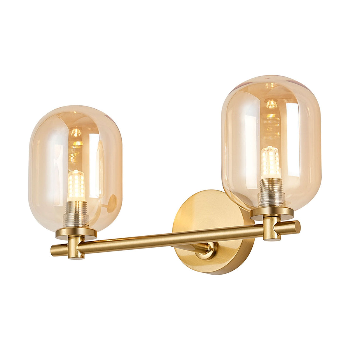 Tenterden Short Twin Arm IP44 Wall Light in Brass Gold with Smooth Tubular Amber Glass Diffusers