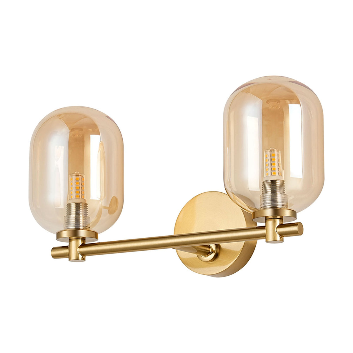 Tenterden Short Twin Arm IP44 Wall Light in Brass Gold with Smooth Tubular Amber Glass Diffusers