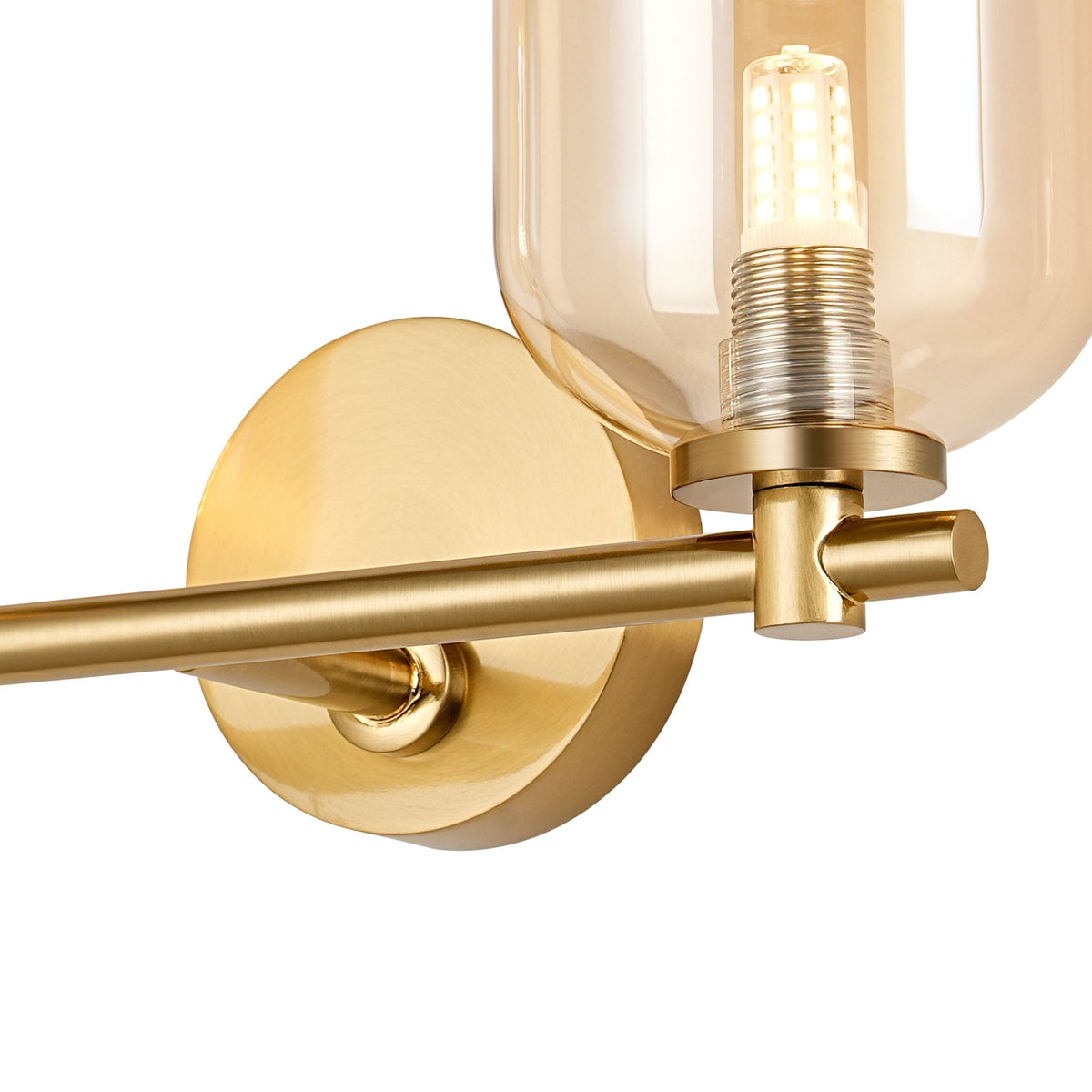 Tenterden Short Twin Arm IP44 Wall Light in Brass Gold with Smooth Tubular Amber Glass Diffusers