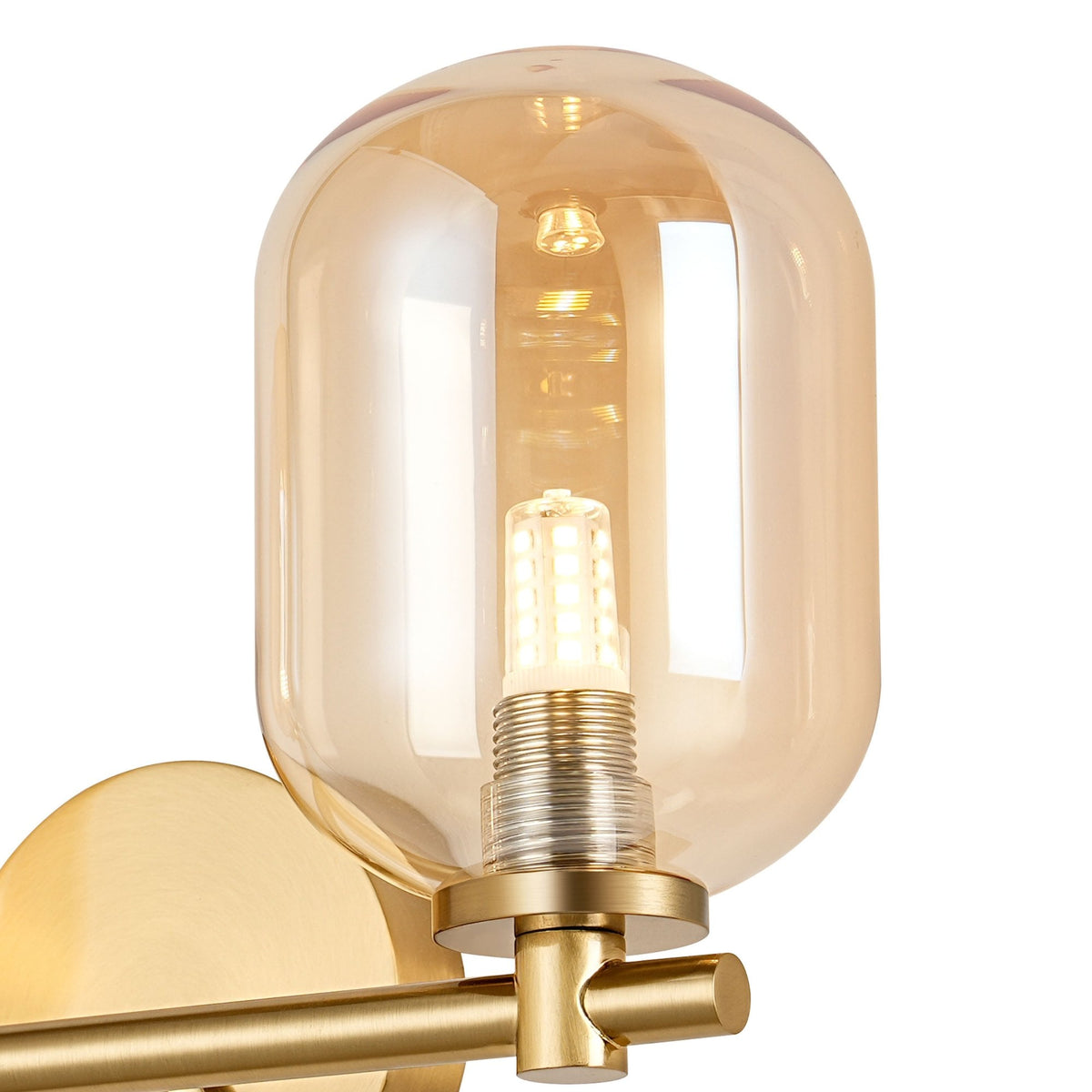 Tenterden Short Twin Arm IP44 Wall Light in Brass Gold with Smooth Tubular Amber Glass Diffusers
