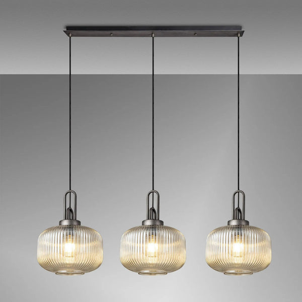 Atherington Pumpkin 3 Drop Linear Pendant in Aged Pewter & Matt Black With Champagne Shades