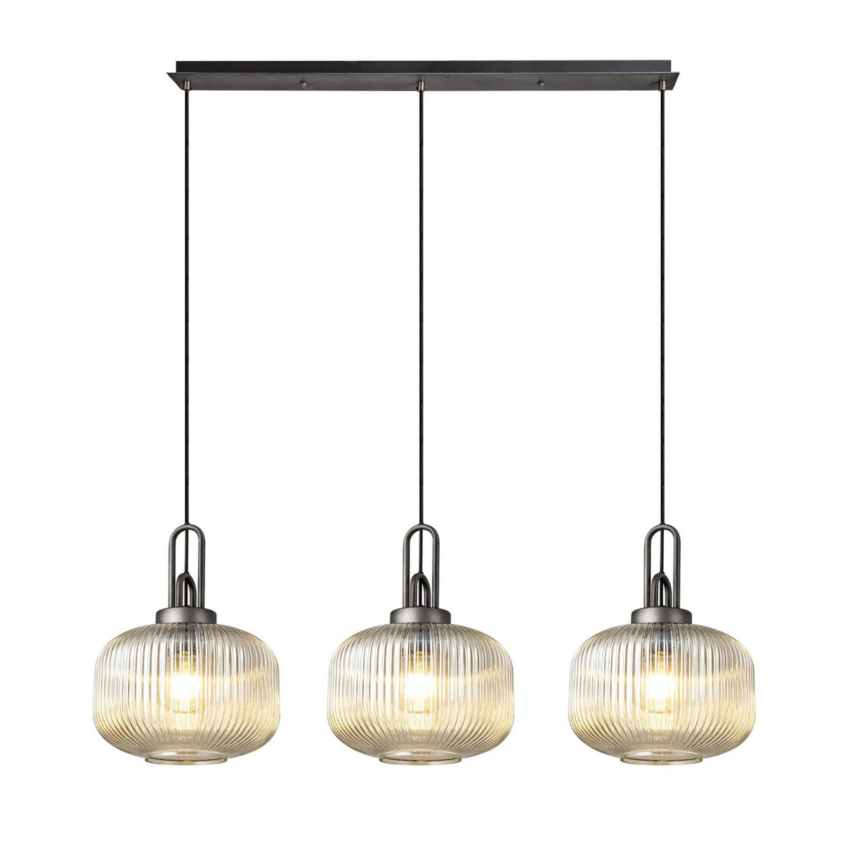 Atherington Pumpkin 3 Drop Linear Pendant in Aged Pewter & Matt Black With Champagne Shades