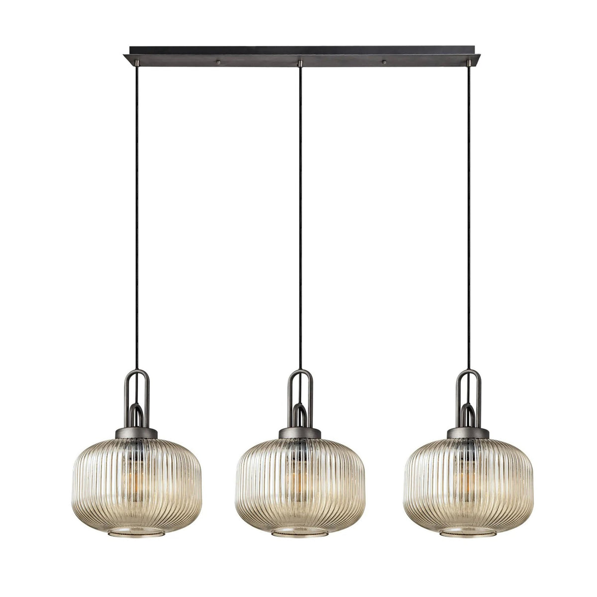 Atherington Pumpkin 3 Drop Linear Pendant in Aged Pewter & Matt Black With Champagne Shades