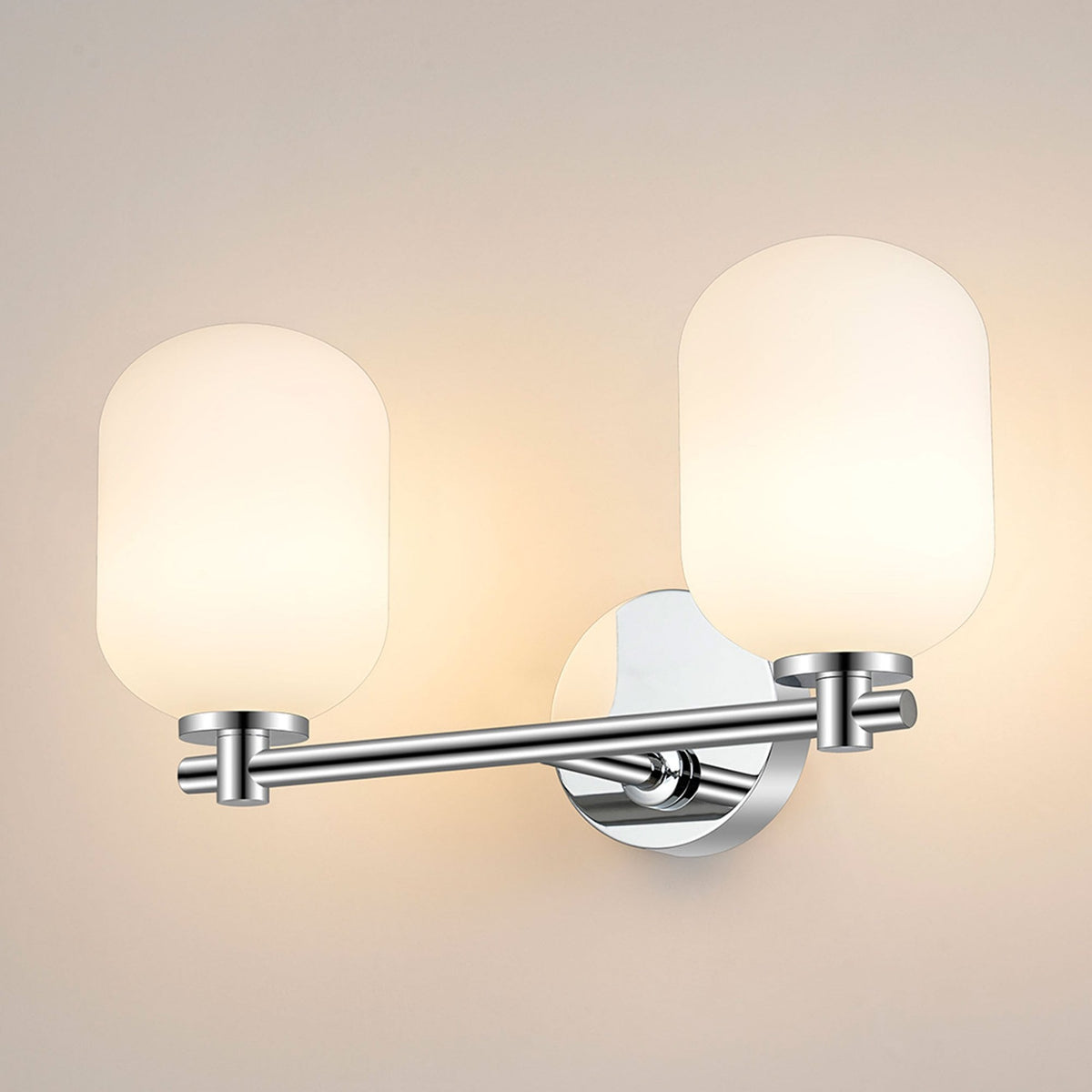 Tenterden Short Twin Arm IP44 Wall Light in Chrome with Smooth Tubular Opal Glass Diffusers