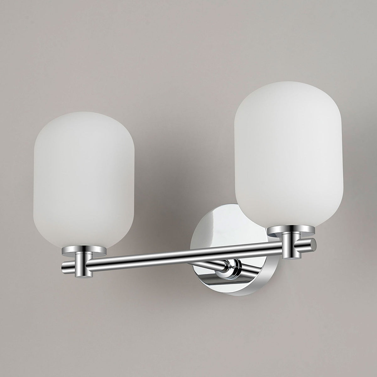 Tenterden Short Twin Arm IP44 Wall Light in Chrome with Smooth Tubular Opal Glass Diffusers