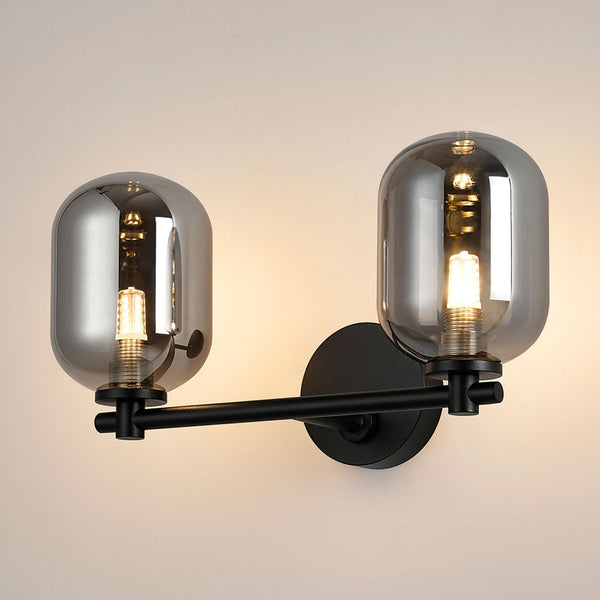 Tenterden Short Twin Arm IP44 Wall Light in Satin Black with Smooth Tubular Smoke Glass Diffusers