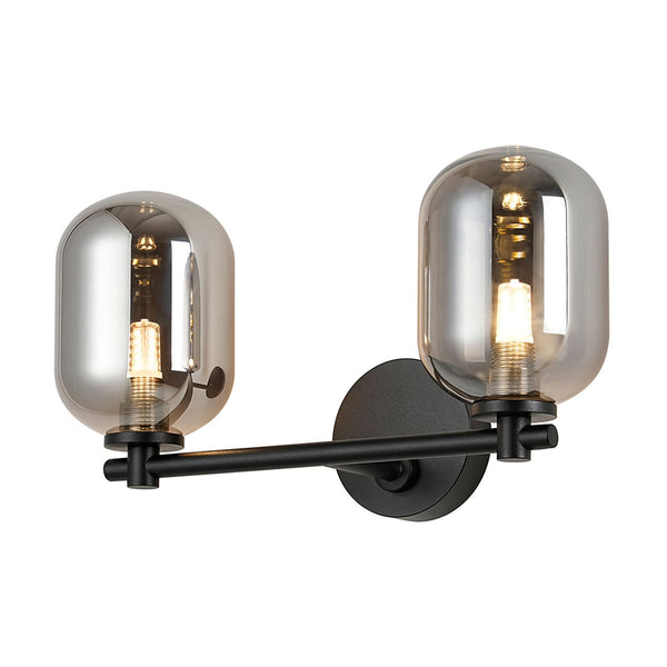 Tenterden Short Twin Arm IP44 Wall Light in Satin Black with Smooth Tubular Smoke Glass Diffusers