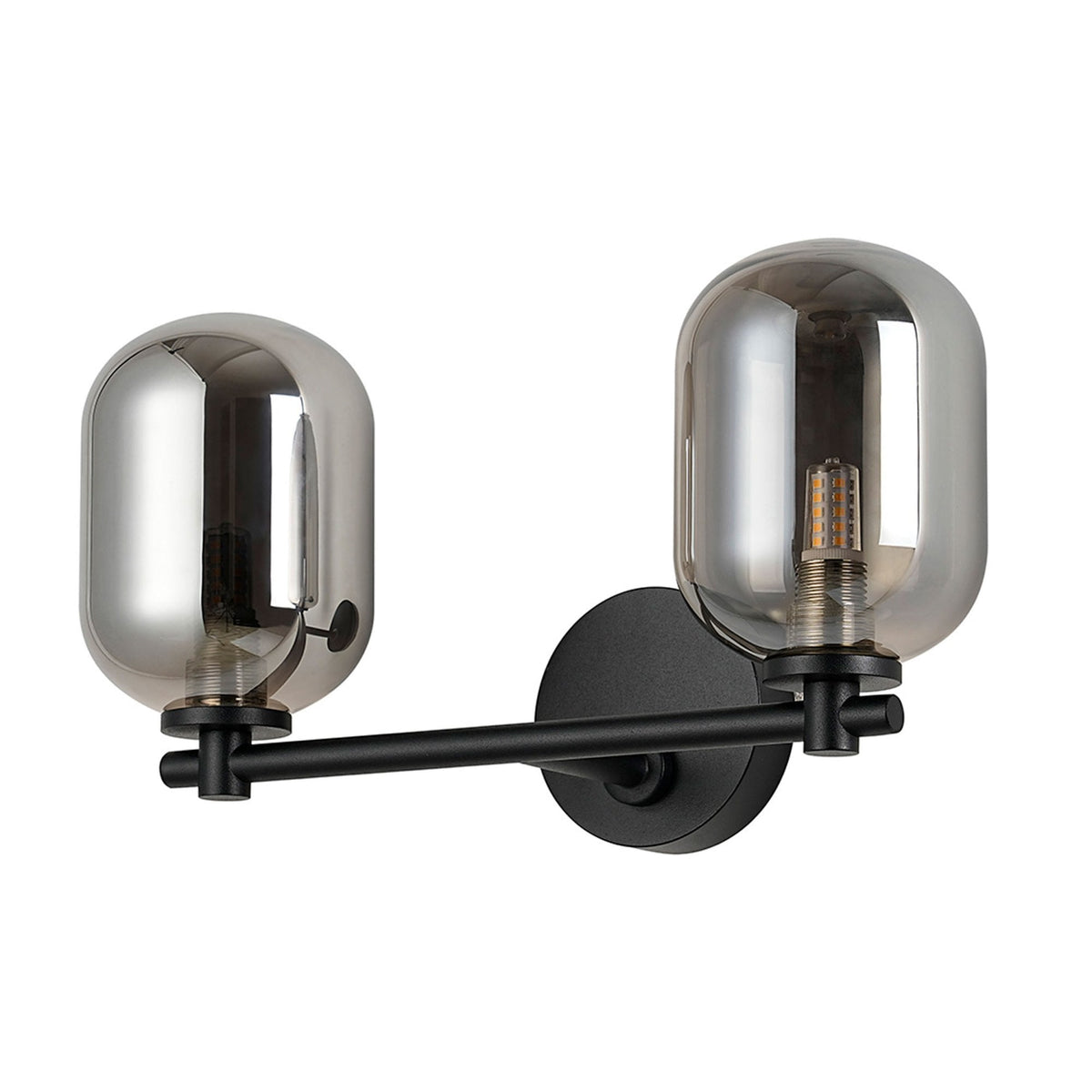 Tenterden Short Twin Arm IP44 Wall Light in Satin Black with Smooth Tubular Smoke Glass Diffusers