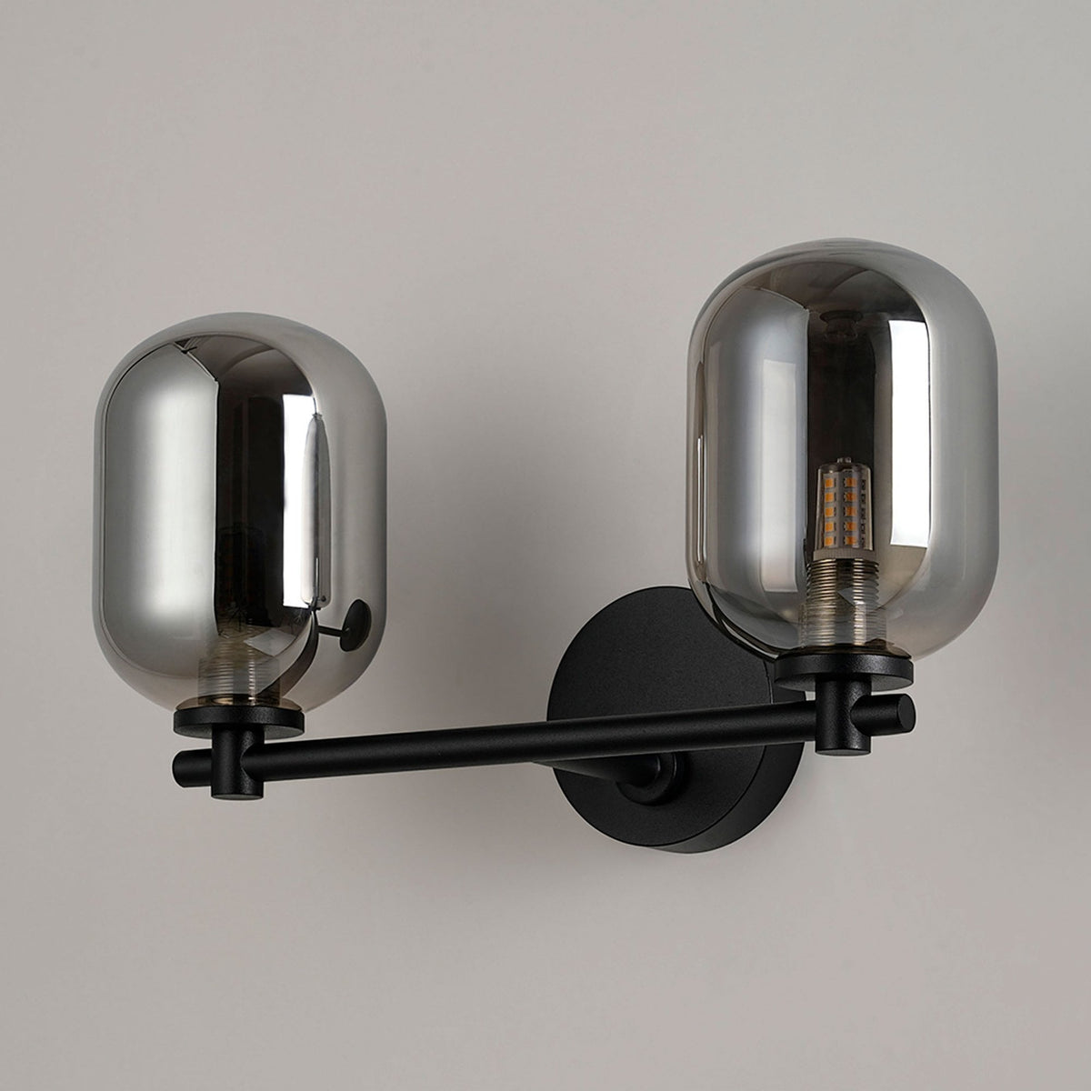 Tenterden Short Twin Arm IP44 Wall Light in Satin Black with Smooth Tubular Smoke Glass Diffusers