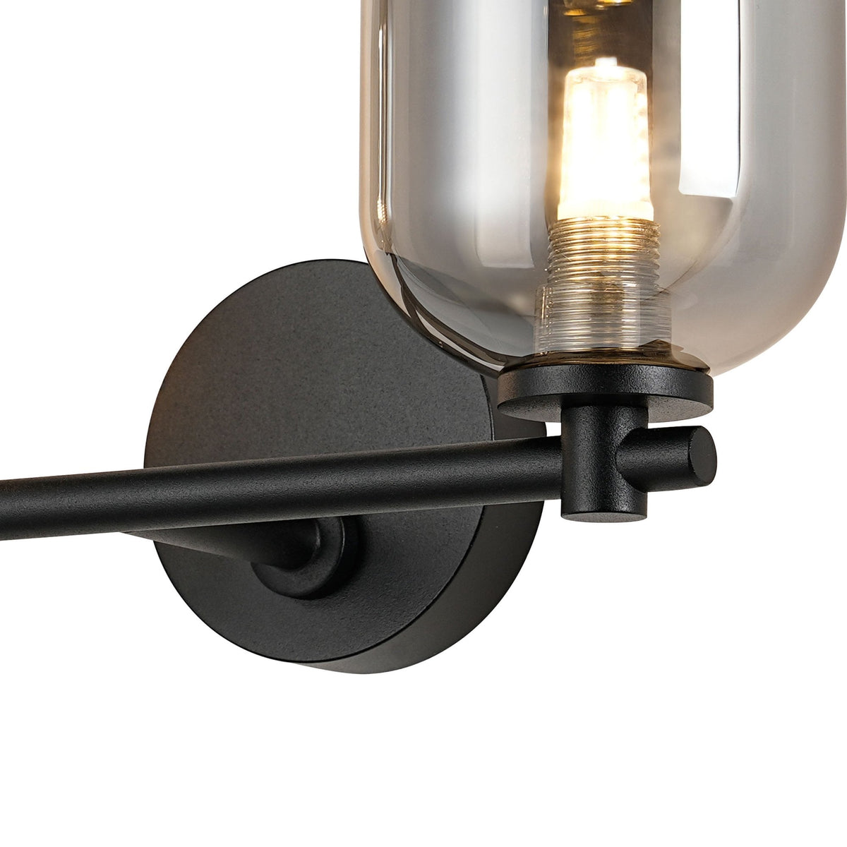 Tenterden Short Twin Arm IP44 Wall Light in Satin Black with Smooth Tubular Smoke Glass Diffusers