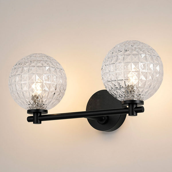 Tenterden Short Twin Arm IP44 Wall Light in Satin Black with Cross Pattern Round Clear Glass Diffusers