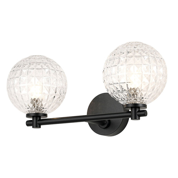 Tenterden Short Twin Arm IP44 Wall Light in Satin Black with Cross Pattern Round Clear Glass Diffusers