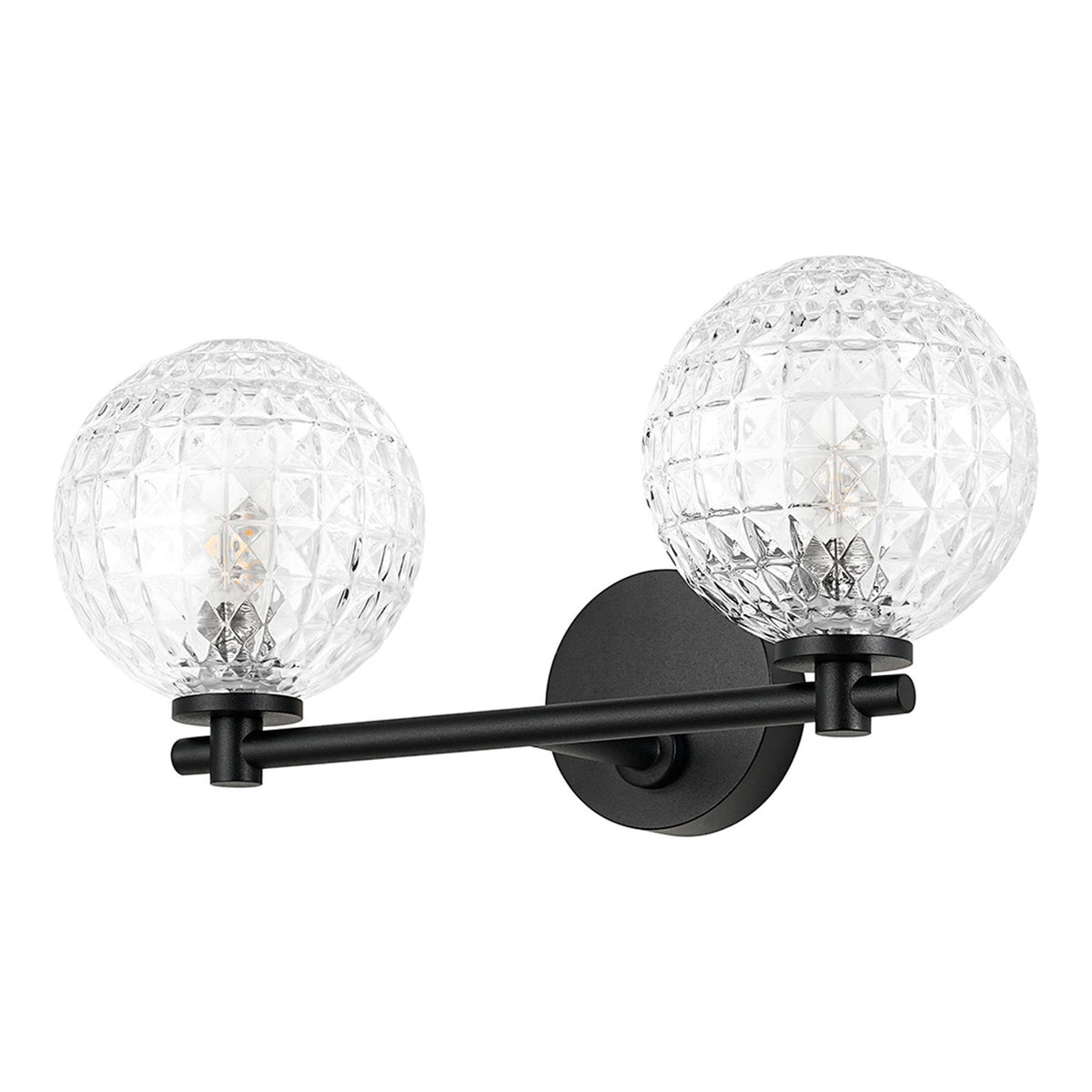 Tenterden Short Twin Arm IP44 Wall Light in Satin Black with Cross Pattern Round Clear Glass Diffusers