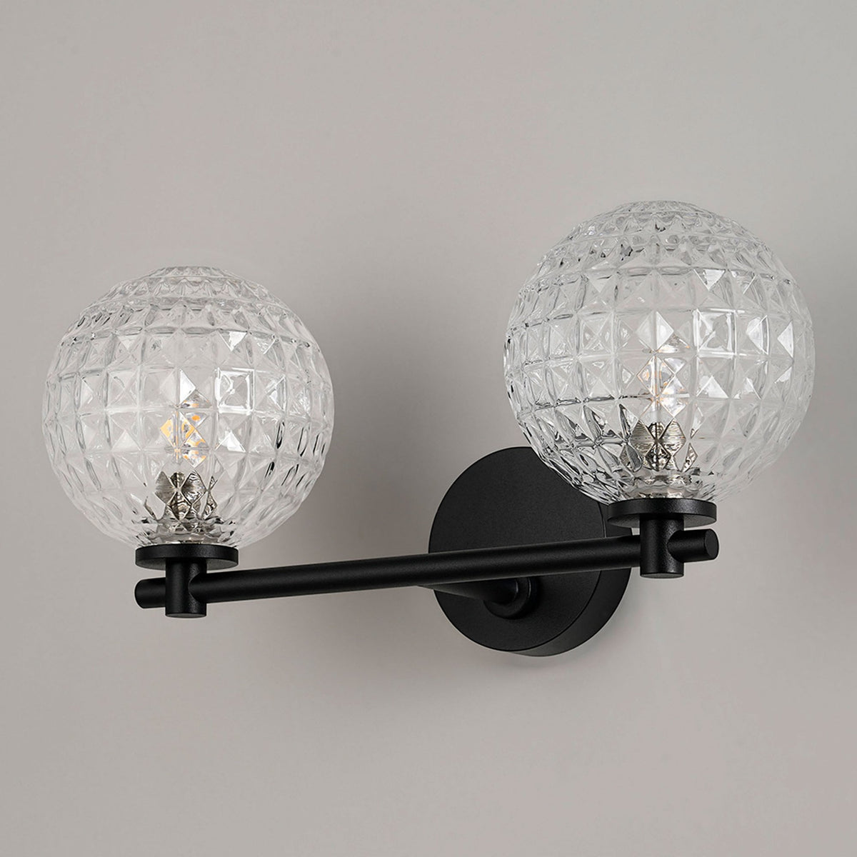 Tenterden Short Twin Arm IP44 Wall Light in Satin Black with Cross Pattern Round Clear Glass Diffusers