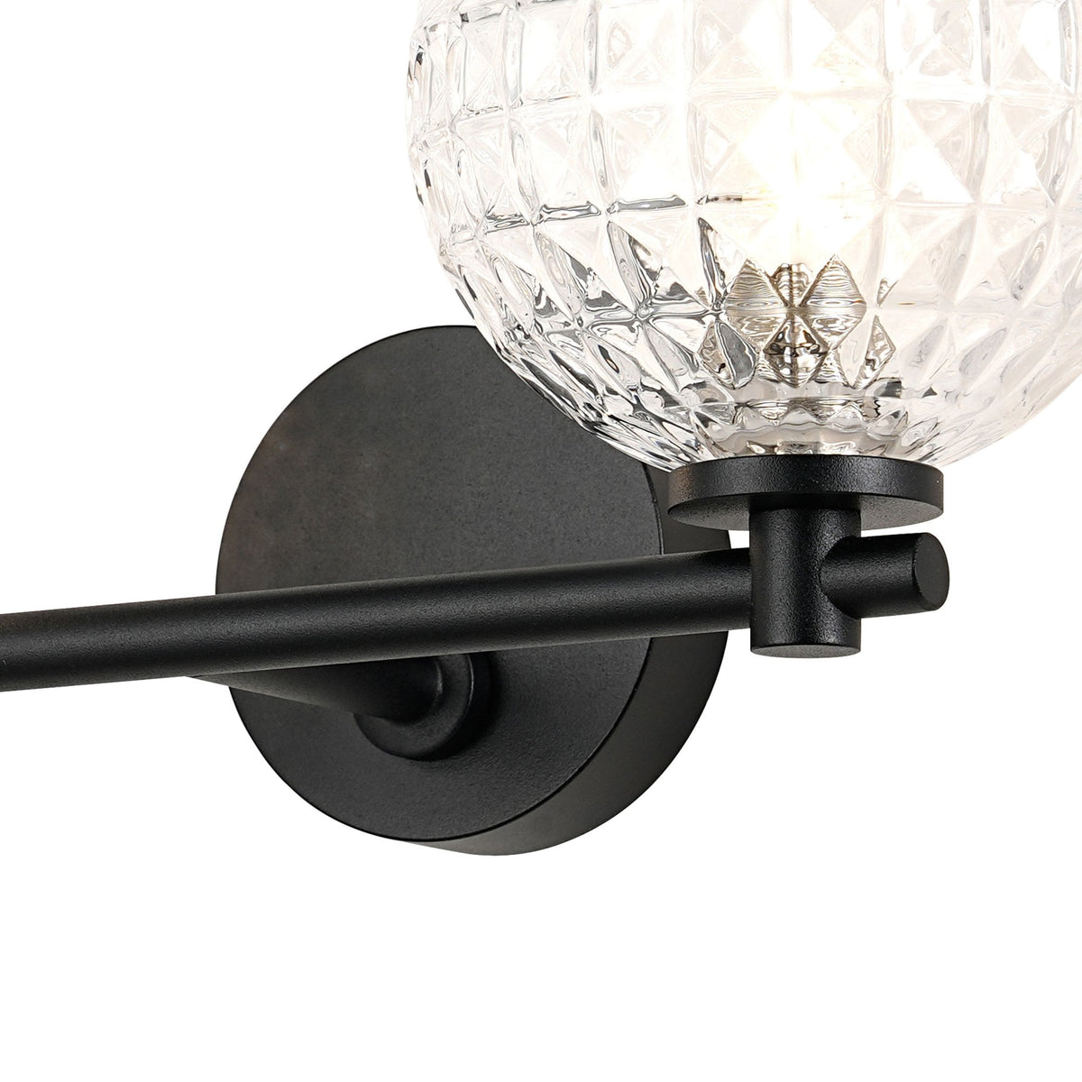 Tenterden Short Twin Arm IP44 Wall Light in Satin Black with Cross Pattern Round Clear Glass Diffusers