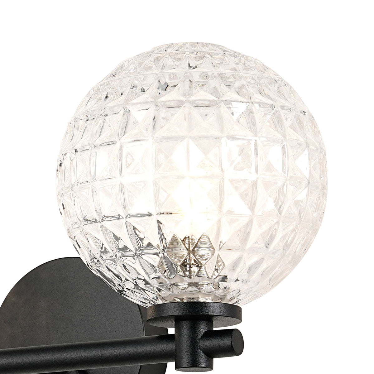 Tenterden Short Twin Arm IP44 Wall Light in Satin Black with Cross Pattern Round Clear Glass Diffusers