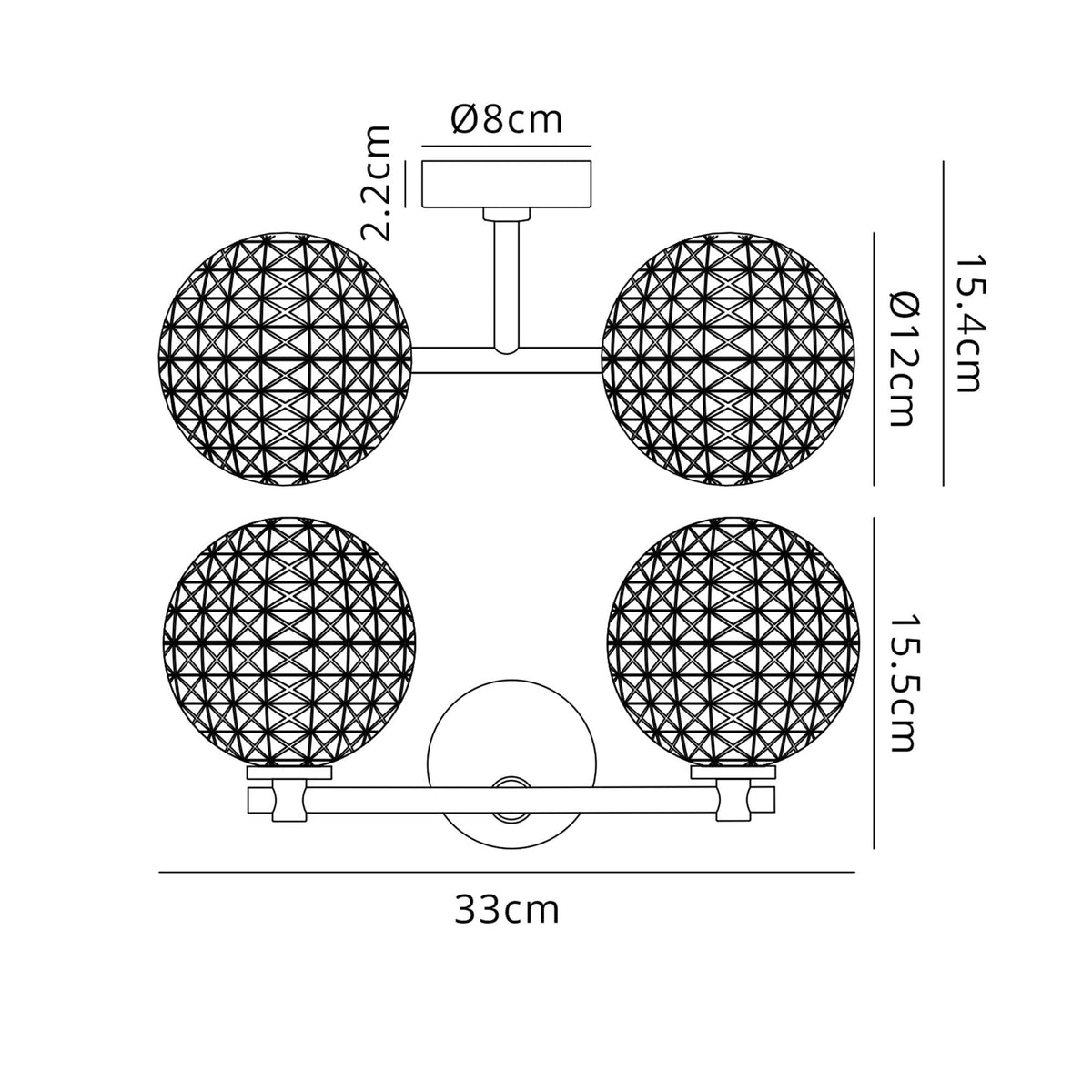 Tenterden Short Twin Arm IP44 Wall Light in Satin Black with Cross Pattern Round Clear Glass Diffusers
