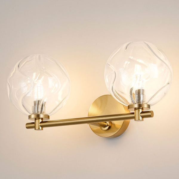Tenterden Short Twin Arm IP44 Wall Light in Brass Gold with Waved Round Clear Glass Diffusers