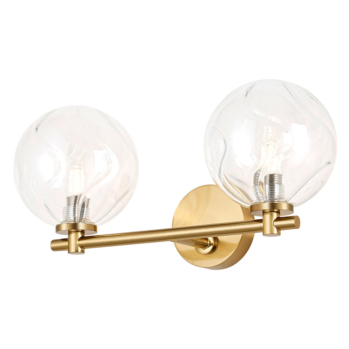 Tenterden Short Twin Arm IP44 Wall Light in Brass Gold with Waved Round Clear Glass Diffusers