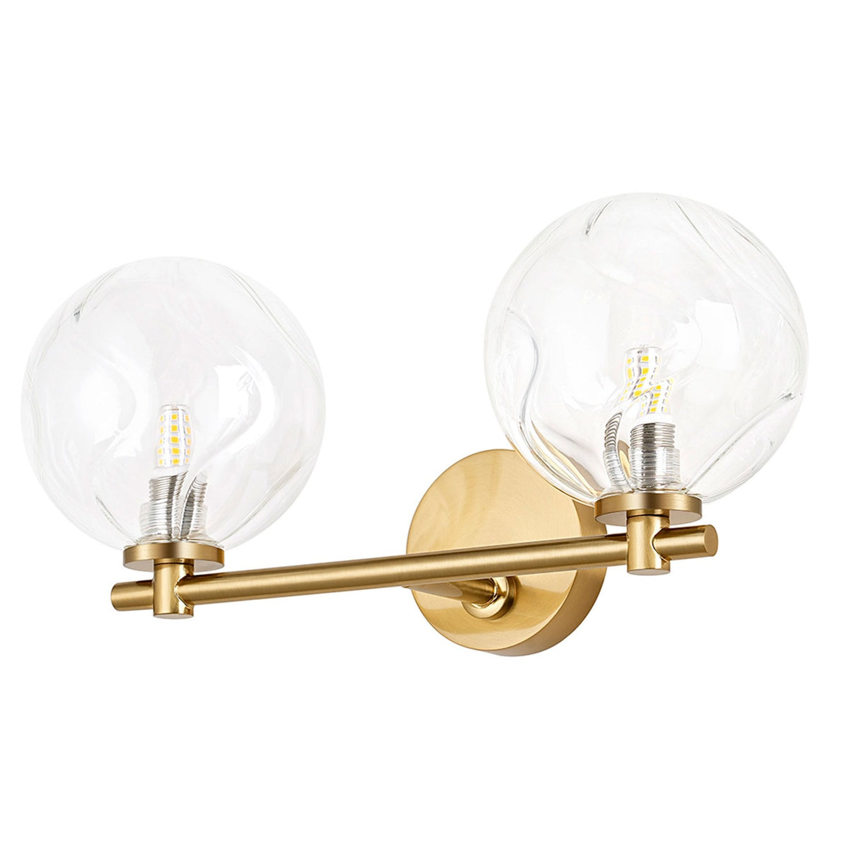 Tenterden Short Twin Arm IP44 Wall Light in Brass Gold with Waved Round Clear Glass Diffusers