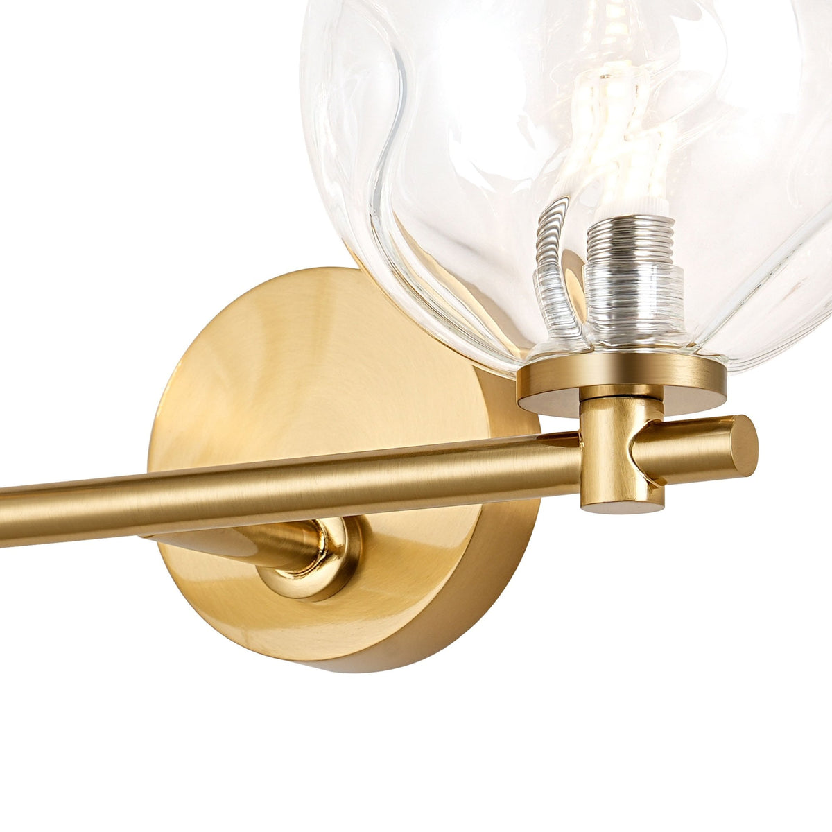 Tenterden Short Twin Arm IP44 Wall Light in Brass Gold with Waved Round Clear Glass Diffusers