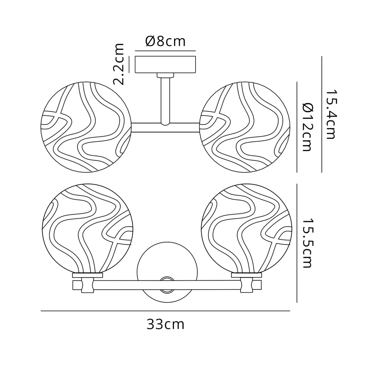 Tenterden Short Twin Arm IP44 Wall Light in Brass Gold with Waved Round Clear Glass Diffusers