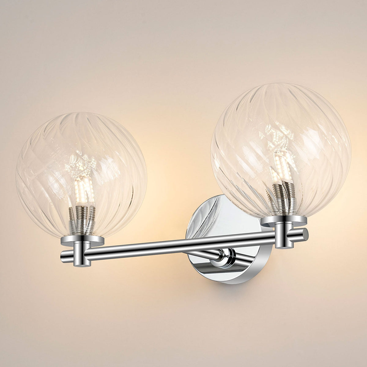 Tenterden Short Twin Arm IP44 Wall Light in Chrome with Swirl Round Clear Glass Diffusers