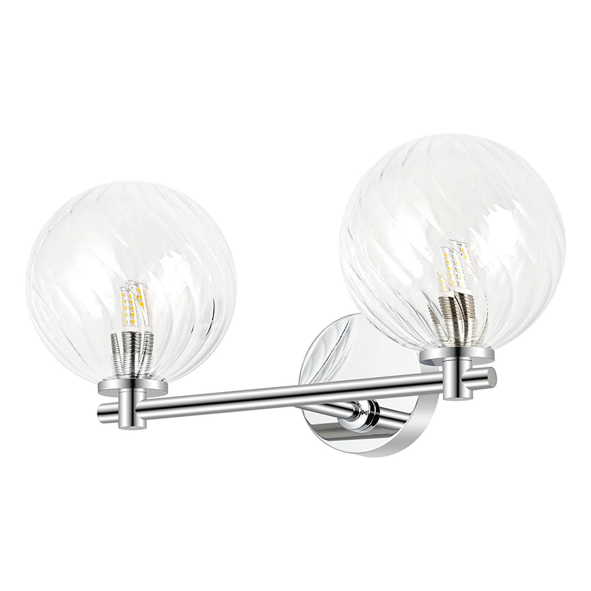 Tenterden Short Twin Arm IP44 Wall Light in Chrome with Swirl Round Clear Glass Diffusers