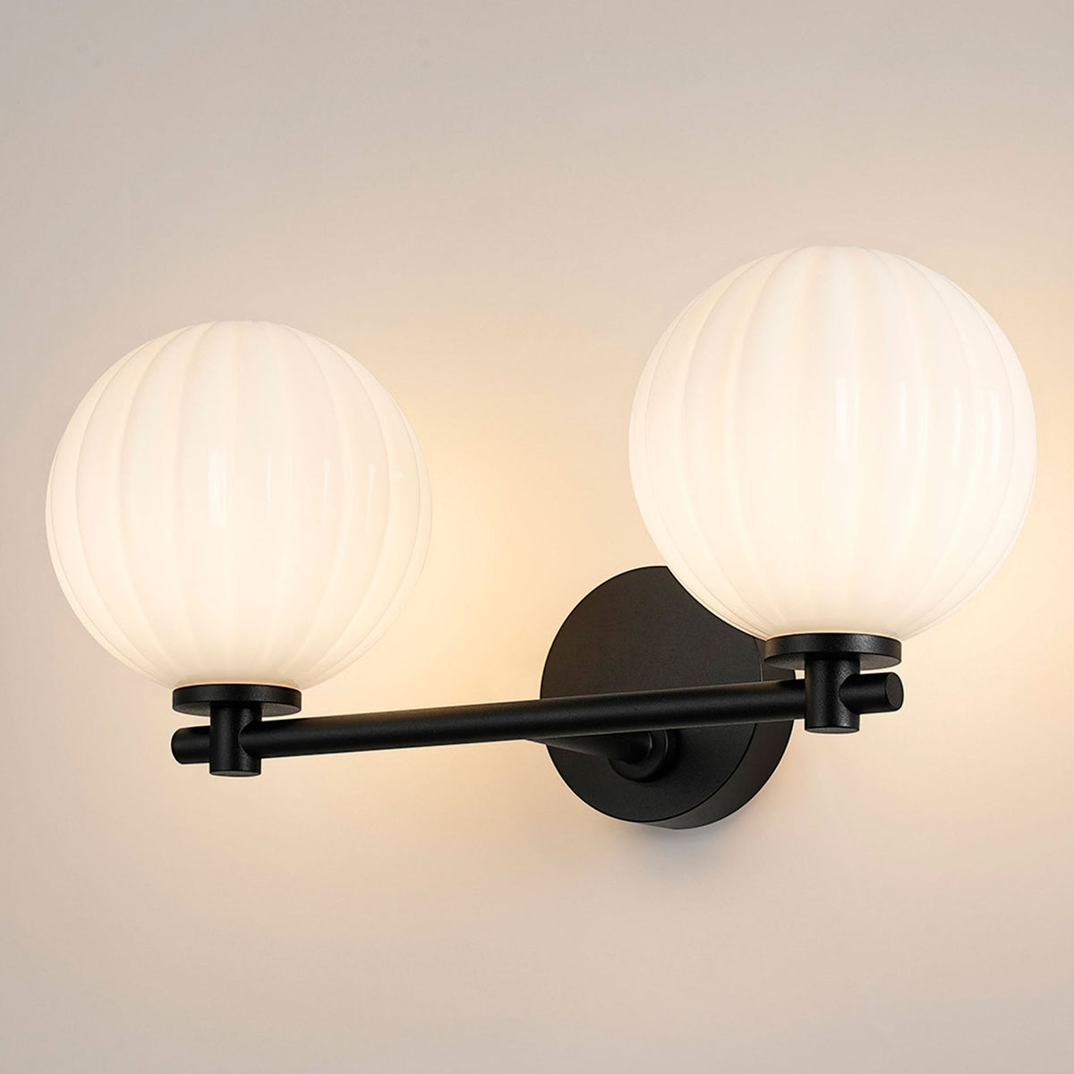 Tenterden Short Twin Arm IP44 Wall Light in Satin Black with Segment Round Opal Glass Diffusers