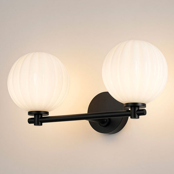 Tenterden Short Twin Arm IP44 Wall Light in Satin Black with Segment Round Opal Glass Diffusers
