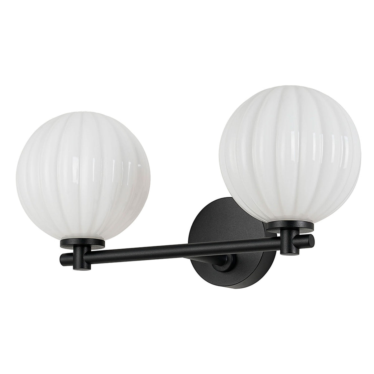 Tenterden Short Twin Arm IP44 Wall Light in Satin Black with Segment Round Opal Glass Diffusers