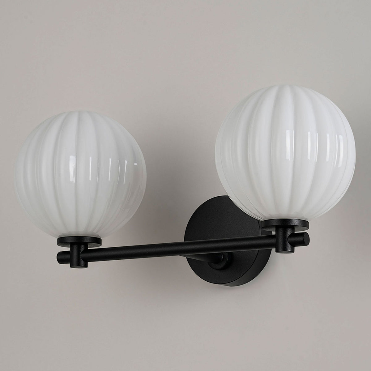Tenterden Short Twin Arm IP44 Wall Light in Satin Black with Segment Round Opal Glass Diffusers